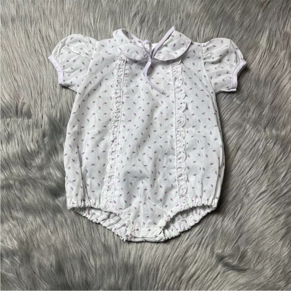 Vintage Alexis Baby Girls Purple White Rosebud Floral Romper